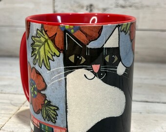 Tuxedo CAT with poppy flowers 11oz MUG - coffee cup - by Jenny Elkins - cat lover - cat lady - tuxedo cat - cat mug - cat coffee cup