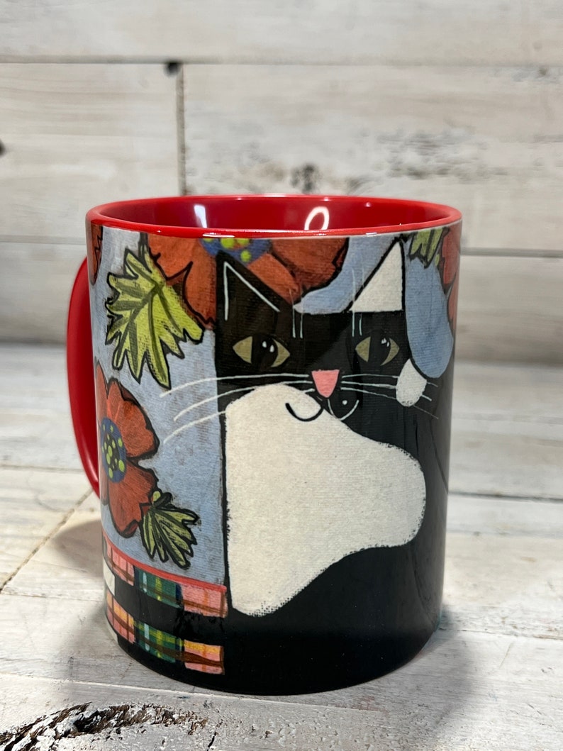 Tuxedo CAT with poppy flowers 11oz MUG coffee cup by Jenny Elkins cat lover cat lady tuxedo cat cat mug cat coffee cup image 1