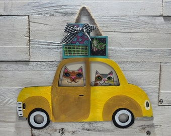 Siamese cat calico cat in YELLOW car with presents - hand  painted - Wooden ornament - decor - Jenny Elkins - over sized - 2 cats
