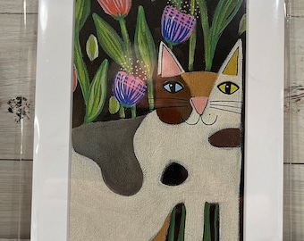 Signed ART print 4 x 6 image Calico CAT with tulips print by Jenny Elkins mat 5 x 7 ready to frame - love - friend gift - cat lover