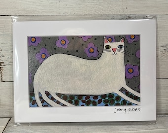 Signed ART print 4 x 6 image big WHITE kitty CAT print by Jenny Elkins mat 5 x 7 ready to frame - love - friend gift - cat lover