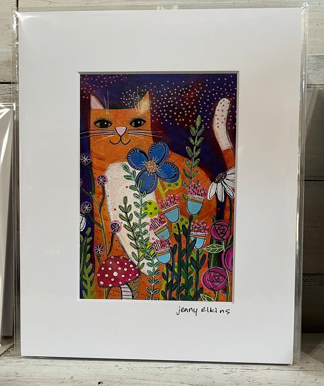 Signed ART Print 5 X 7 Image Ginger Cat Floral Print by Jenny Elkins