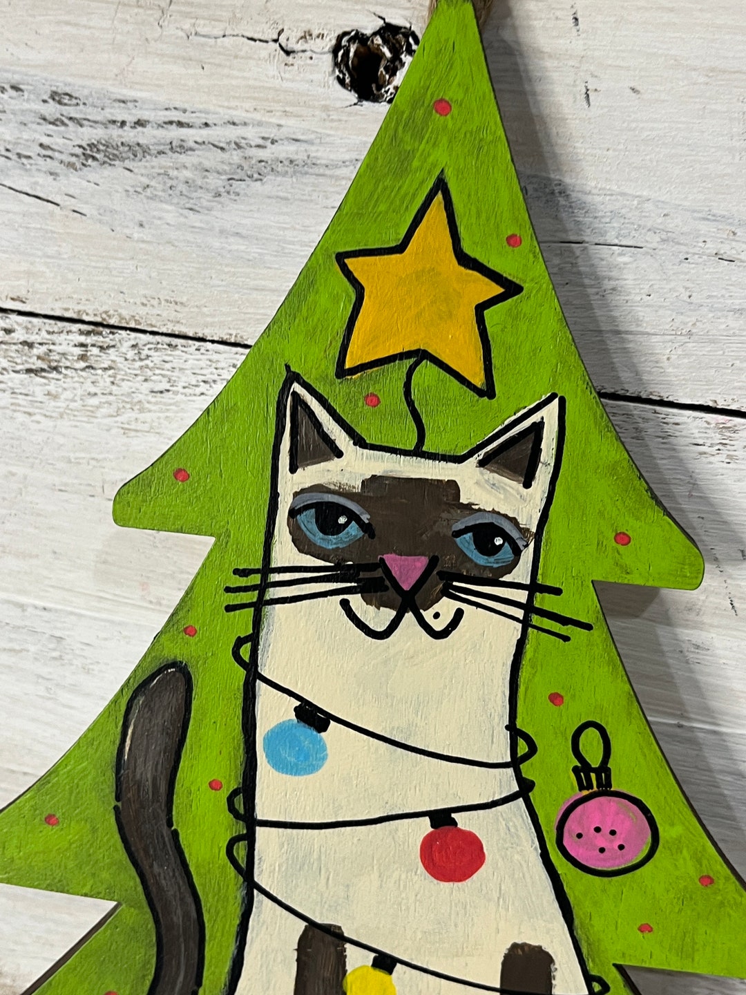 Siamese CAT in Christmas Tree Hand Painted Wooden Ornament - Etsy