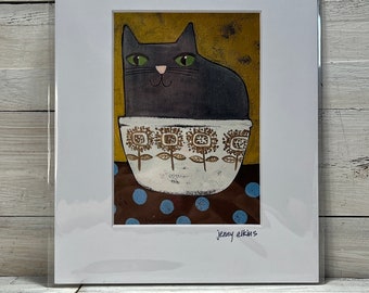 Signed ART print of gray cat sitting in a vintage sunflower pyrex bowl 5 x 7 print by Jenny Elkins mat 8 x 10 ready to frame - gray kitty