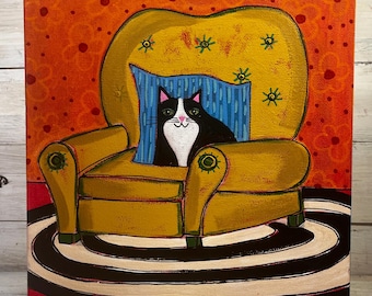 Original yellow chair painting with a tuxedo cat pillow by Jenny Elkins 10 x 10 whimsical - painting - black and white