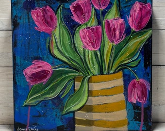 12 x 12 x 1 1/2 original TULIP painting with abstract background by Jenny Elkins - spring flowers - spring - tulips - pink tulips