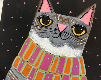 Gray Tabby CAT with orange & magenta scarf painting by Jenny Elkins 8” x 10” cat lady  - cat lover - gray tabby cat winter painting - tabby