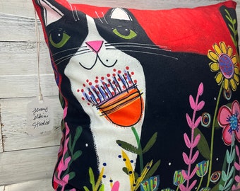 Indoor/outdoor 14” x 14” tuxedo CAT with flowers pillow by Jenny Elkins decorative pillow- indoor outdoor pillow - floral pillow - cat lady