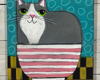 Gray and white CAT in vintage Pyrex BOWL painting by Jenny Elkins 8” x 10” cat lady  - cat lover - whimsical cat painting - Pyrex
