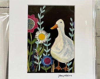 Signed ART print 5 x 7 image DUCK in the GARDEN by Jenny Elkins mat 8 x 10 ready to frame - duck - floral print