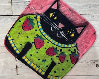 Black cat wearing strawberry sweater pot holder by Jenny Elkins - kitchen fashion - kitchen art - hostess gift