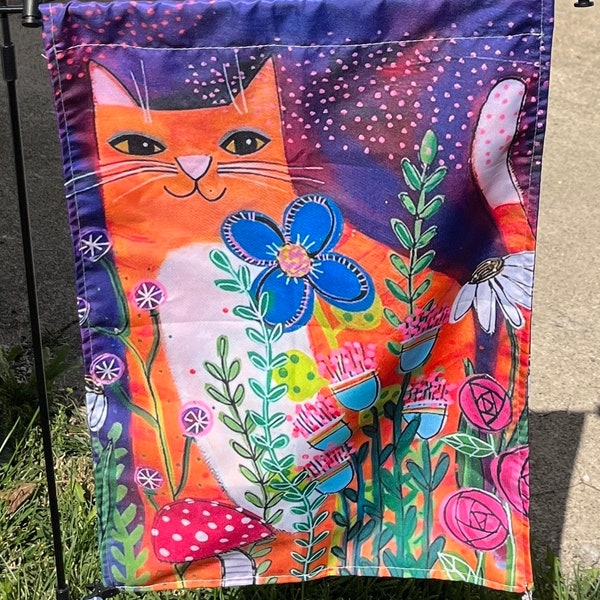 Orange CAT with flowers garden yard FLAG by Jenny Elkins garden decorations- ginger cat - cat flag