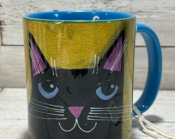 Black CAT 11oz MUG - coffee cup - by Jenny Elkins - cat lover - cat lady - black cat