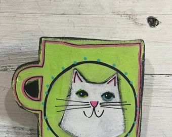 Little wooden MUG coffee cup with white cat - wall decor - by Jenny Elkins - cat lady gift - white cat