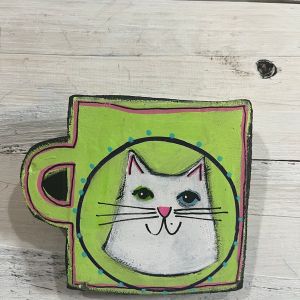 Little wooden MUG coffee cup with white cat - wall decor - by Jenny Elkins - cat lady gift - white cat