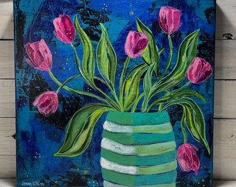 16 x 16 x 1 1/4 original TULIP painting with abstract background by Jenny Elkins - spring flowers - spring - tulips - pink tulips