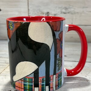 Tuxedo CAT with poppy flowers 11oz MUG coffee cup by Jenny Elkins cat lover cat lady tuxedo cat cat mug cat coffee cup image 2