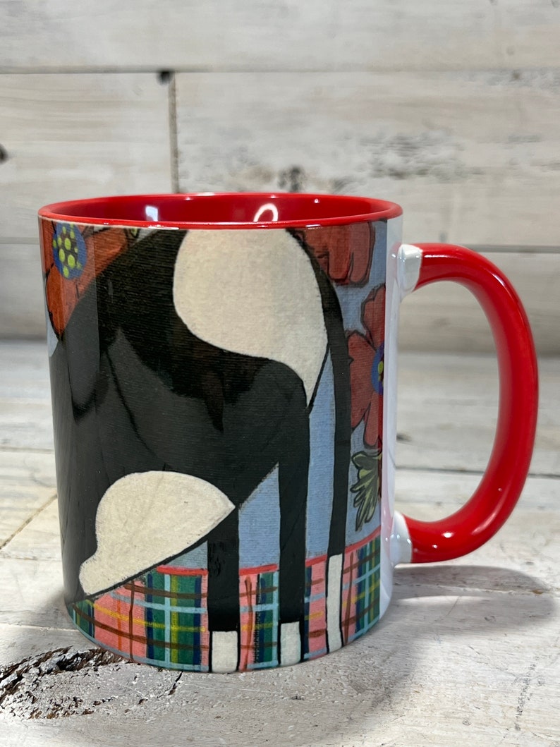 Tuxedo CAT with poppy flowers 11oz MUG coffee cup by Jenny Elkins cat lover cat lady tuxedo cat cat mug cat coffee cup image 2