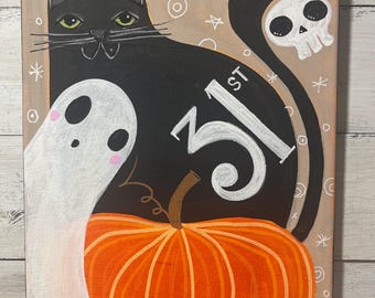 Original black CAT, ghost, 31st, skull, spider, pumpkin painting by Jenny Elkins 8 x 10 whimsical - Halloween painting - black cat