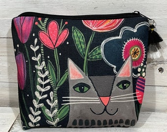 Gray CAT with flowers zipper bag - Jenny Elkins - cosmetic bag - pencil Bag - gray cat - Jenny Elkins image