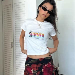 Take Me Where Summertime Never Ends Baby Tee, Summer Vacation Matching Shirt, Y2K Retro Crop Top, Vintage Style Soft Tee for Kids