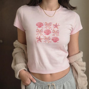 Coquette Seashell Beach Retro Y2K Vintage Baby Tee Coastal Aesthetic Summer Vibes Shirt Cute Ocean Style Top for Girls