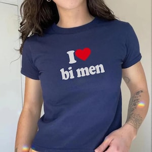 Y2K I Love Bi Men Baby Tee, Bisexual Pride Crop Top, Funny Queer Aesthetic Shirt, LGBT Supportive Statement Tee, Y2K Summer Gift