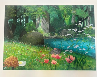 Studio Ghibli paysage, forêt et prairie fleurie