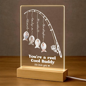Fishing Grandpa Photo Lamp, Personalized LED Light with Pictures & Names, Custom Birthday or Holiday Gift from Family