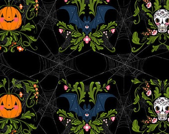 Pretty Creepy by Cori Dantini - Skulls Pumpkins Bats on Black Cotton Fabric Free Spirit