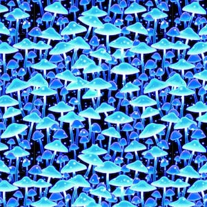 May include: A seamless pattern of glowing blue mushrooms on a black background. The mushrooms are of various sizes and shapes, with some having white spots.