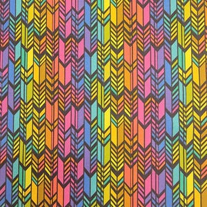 May include: A vibrant, colorful fabric with a repeating chevron pattern. The design features vertical rows of arrows in shades of yellow, orange, pink, blue, and green, set against a dark background. This textile is suitable for various craft projects.