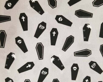 Coffins on Gray Caleb Studios Cotton Fabric Robert Kaufman 1 Yard oop