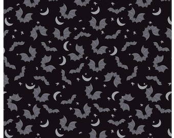 Spooky Hollow Bats Black Metallic Moons woven cotton fabric, Riley Blake 1 yard