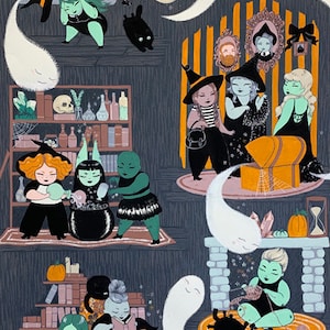 May include: A whimsical illustration of a Halloween scene with witches, ghosts, and cats. The witches are dressed in black and green, and they are casting spells and brewing potions. The ghosts are white and translucent, and they are floating around the scene. The cats are black and white, and they are playing and napping.