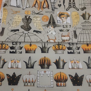 May include: Fabric with a repeating pattern of vintage illustrations. The design includes crowns, hats, corsets, gloves, and other antique-style elements in shades of gray, orange, and black. The text "Clothiers" and "Hatters" is visible.