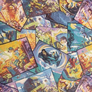 May include: A fabric print featuring a collage of overlapping rectangular illustrations depicting various fantasy scenes with characters in robes, magical creatures, and glowing spells in shades of purple, yellow, teal, and orange.