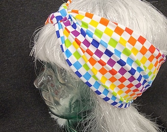 Rainbow Checkerboard Retro Print Cotton/Spandex Stretch Knot Turban Headband