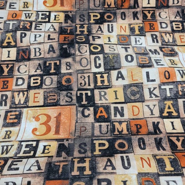 16 x 44" Remnant Tim Holtz Regions Beyond Halloween Word Blocks Vintage Ephemera Woven Cotton