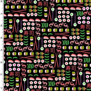 1/2 yard Michael Miller I Love Sushi black background