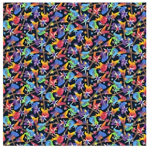 May include: A seamless pattern featuring colorful electric guitars and stars on a black background. The guitars are in various shades of blue, green, red, yellow, and purple. The stars are white with a light blue outline.
