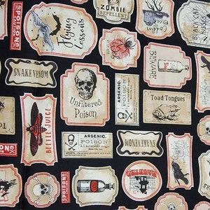 Timeless Treasures Spooky Halloween Potion Labels black creme red cotton fabric Wicked  C8637 bty 1 Yard