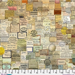 May include: A vintage-style fabric featuring a collage of labels and tags with handwritten text. The labels are in various shades of brown, yellow, and green, with some featuring red and blue accents. The fabric is perfect for crafting projects, scrapbooking, and quilting.