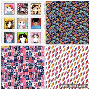 May include: A collage featuring fabric patterns and cat portraits. One pattern has colorful guitars on a black background. Another has lightning bolts on a white background. The third pattern has the text "MEW SIC FESTIVAL" and other graphics. The cat portraits are in a grid.