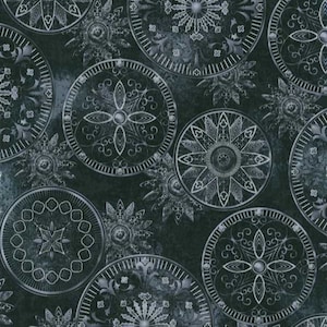 Hoffman Celestrial Medallion Sun Gazing Black Gray Silver Metalic Cotton Fabric 1 Yard