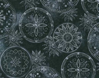 Hoffman Celestrial Medallion Sun Gazing Black Gray Silver Metalic Cotton Fabric 1 Yard