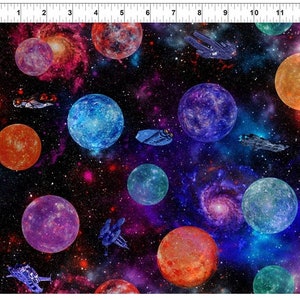 Sci Fi Planets and Spacecrafts Woven Cotton Fabric Digital Print In The Beginning Fabrics Jason Yenter  1 yard