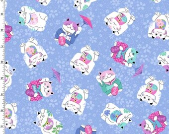 1/2 yard Michael Miller Good Fortune Luck Cat blue background