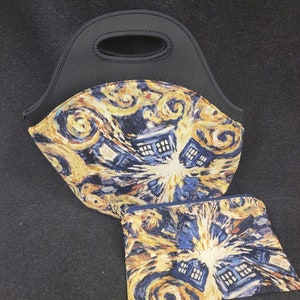 May include: A black insulated lunch bag and a matching zippered pouch with a print of a starry night sky and blue police boxes.