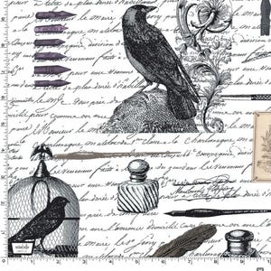 May include: A fabric print featuring a black crow on a rock, a bird in a cage, ink bottles, and fountain pen nibs over a background of cursive French script. A white ruler along the bottom and left side shows measurements in inches.